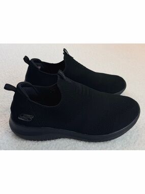 SKETCHERS • All-Black Wide Fit Memory Foam Slip-On Knit Sneakers, 9.5